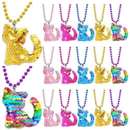 CiciBear 15 Pack Kitty Sequin Necklace Party Favors with Mardi Gras Beads for Cat Themed Party Favors Home Decorations Festivals Wedding Birthday Celebrations 5 Colors - Image 1