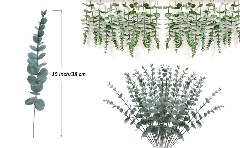 ABAJI Plastic Eucalyptus Green Spraying Frost Stems 12 Fake Faux Decorations Artificial Leaves Greenery Plant Leaf Home Office House Table Desk Decor Wedding Party Vase Forever Live - Image 3