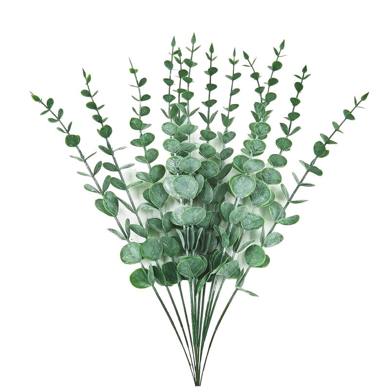 ABAJI Plastic Eucalyptus Green Spraying Frost Stems 12 Fake Faux Decorations Artificial Leaves Greenery Plant Leaf Home Office House Table Desk Decor Wedding Party Vase Forever Live - Image 1