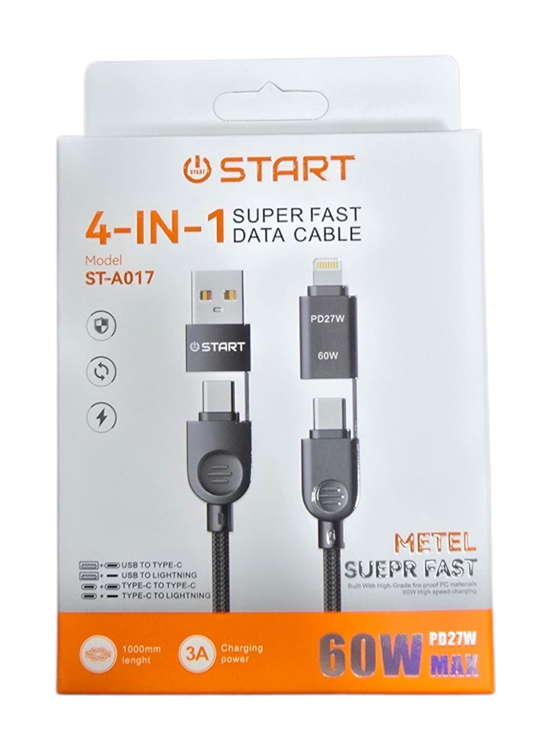 ستارت كابل شحن سريع 4 في 1من START ST-A017 بقوة 60 وات 3A يو اس بي سي إلى يو اس بي سي مع موصل يو اس بي أيه ولايتينج مدمج ، كابل شحن مسطح وسريع - Image 1