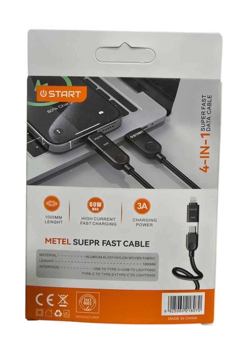 ستارت كابل شحن سريع 4 في 1من START ST-A017 بقوة 60 وات 3A يو اس بي سي إلى يو اس بي سي مع موصل يو اس بي أيه ولايتينج مدمج ، كابل شحن مسطح وسريع - Image 2