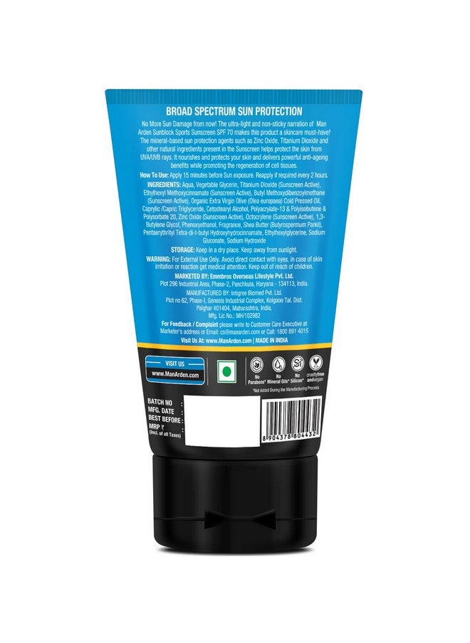 Man Arden Sun Block Sports Sunscreen Spf 70, For All Skin Types, Uva/Uvb Pa+++, High Uva & Uvb Protection Non Greasy And Water Resistant, 100 Ml  - Image 2