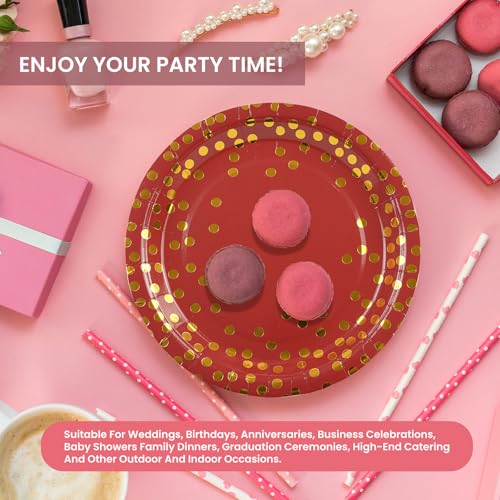 PUEVENYI 75PCS Paper Plates and Napkins Set - Red and Gold Dot Disposable Party Dinnerware Includes Paper Plates, Napkins, Forks Decorations for Christmas, Birthdays and Weddings, Serves 25 - Image 5