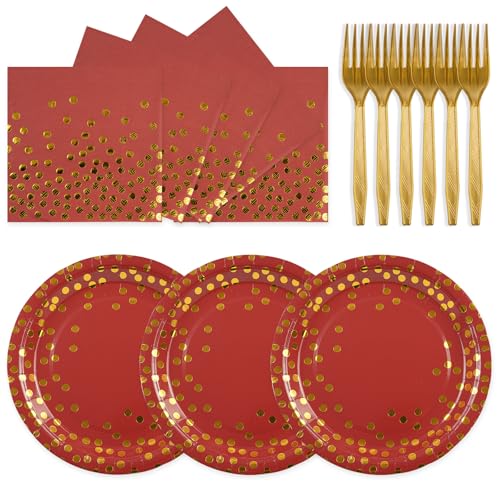 PUEVENYI 75PCS Paper Plates and Napkins Set - Red and Gold Dot Disposable Party Dinnerware Includes Paper Plates, Napkins, Forks Decorations for Christmas, Birthdays and Weddings, Serves 25 - Image 1
