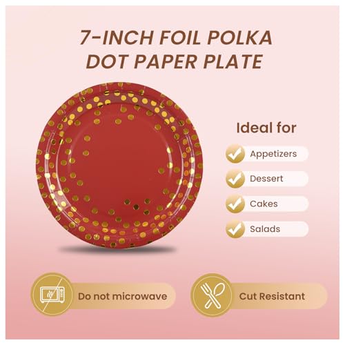 PUEVENYI 75PCS Paper Plates and Napkins Set - Red and Gold Dot Disposable Party Dinnerware Includes Paper Plates, Napkins, Forks Decorations for Christmas, Birthdays and Weddings, Serves 25 - Image 3