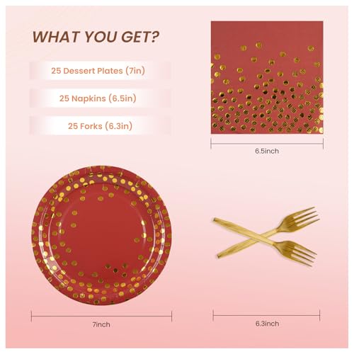 PUEVENYI 75PCS Paper Plates and Napkins Set - Red and Gold Dot Disposable Party Dinnerware Includes Paper Plates, Napkins, Forks Decorations for Christmas, Birthdays and Weddings, Serves 25 - Image 2