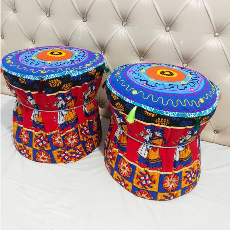 POSHMANDALA Embroidery Work Bamboo Mudda Cover Muddy Stool Ottaman Pouffes Patio Chair Footstools Cover Size 17x18 Inches Set of 2 Pieces ONLY Cover - Image 3