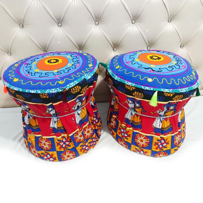 POSHMANDALA Embroidery Work Bamboo Mudda Cover Muddy Stool Ottaman Pouffes Patio Chair Footstools Cover Size 17x18 Inches Set of 2 Pieces ONLY Cover - Image 2