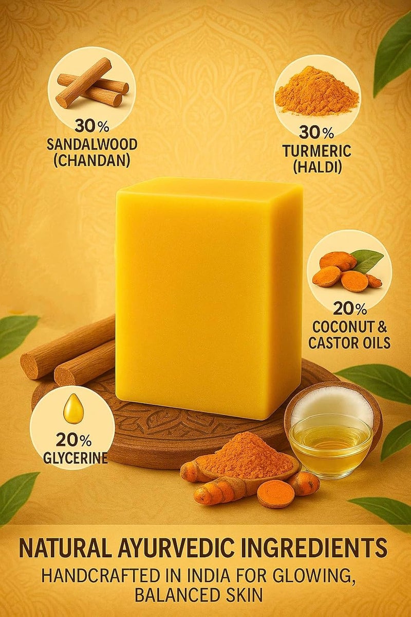 ZOHVIA Turmeric Soap Sandalwood Bar 44oz Detan Bar Organic Ayurvedic Herbal Oily Sensitive Skin Handmade Haldi Chandan Face Body Soap Vegan ChemicalFree Men Women Teens - Image 2