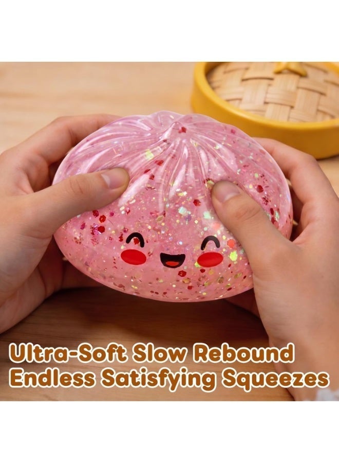 Meetion Big Glitter Dumpling Squishy，Glitter Steamer Dumpling Stress Relief Ball - Sparkle Filled Sensory Squeeze Tool,Cute Adorable Soft Silicone Squeeze Toy (Pink) - Image 2