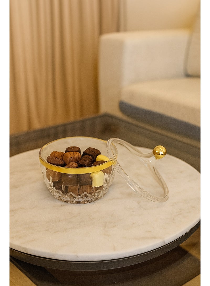 وعاء حلويات أكريليك فاخر مع غطاء – تصميم شفاف مزخرف بلمسات ذهبية للتقديم والديكور - Image 4