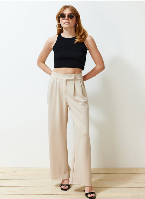 Stone Hook and Loop Closure High Waist Pleated Wide Leg/Wide Cut Knitted Trousers TWOAW24PL00177