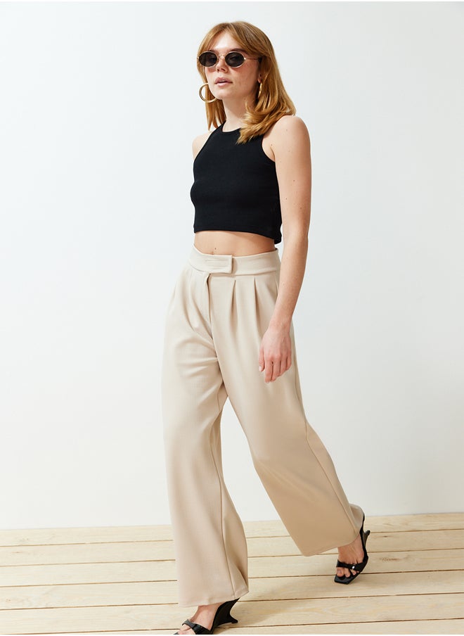 Stone Hook and Loop Closure High Waist Pleated Wide Leg/Wide Cut Knitted Trousers TWOAW24PL00177