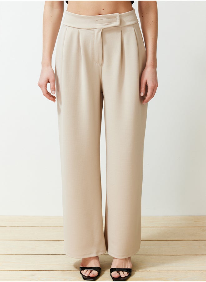 Stone Hook and Loop Closure High Waist Pleated Wide Leg/Wide Cut Knitted Trousers TWOAW24PL00177