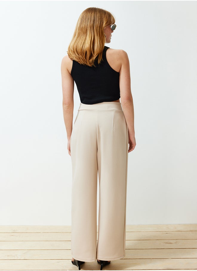 Stone Hook and Loop Closure High Waist Pleated Wide Leg/Wide Cut Knitted Trousers TWOAW24PL00177