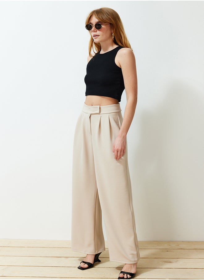 Stone Hook and Loop Closure High Waist Pleated Wide Leg/Wide Cut Knitted Trousers TWOAW24PL00177