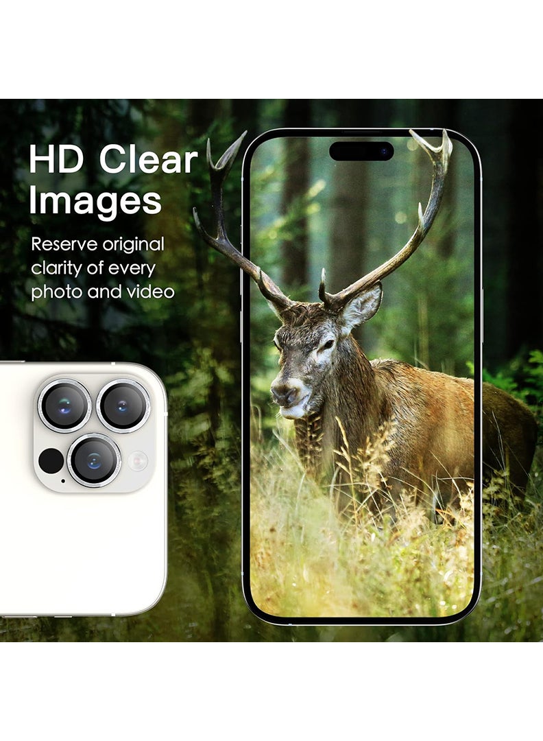 Theodor iPhone 14 Pro/ 14 Pro Max 3 Pcs Camera Lens Protector With 9H Tempered HD Glass Camera Cover Anti Scratch Aluminum Alloy Camera Ring, Silver - Image 3
