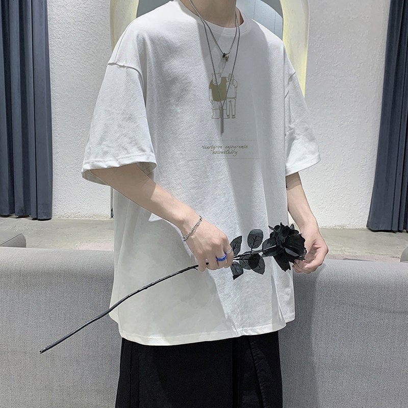 Men's Short-sleeved Summer T-shirt Korean Style Trendy Loose Half-sleeved Japanese T-shirt Trendy Brand Harajuku Style Casual 5-point Sleeve - Image 1