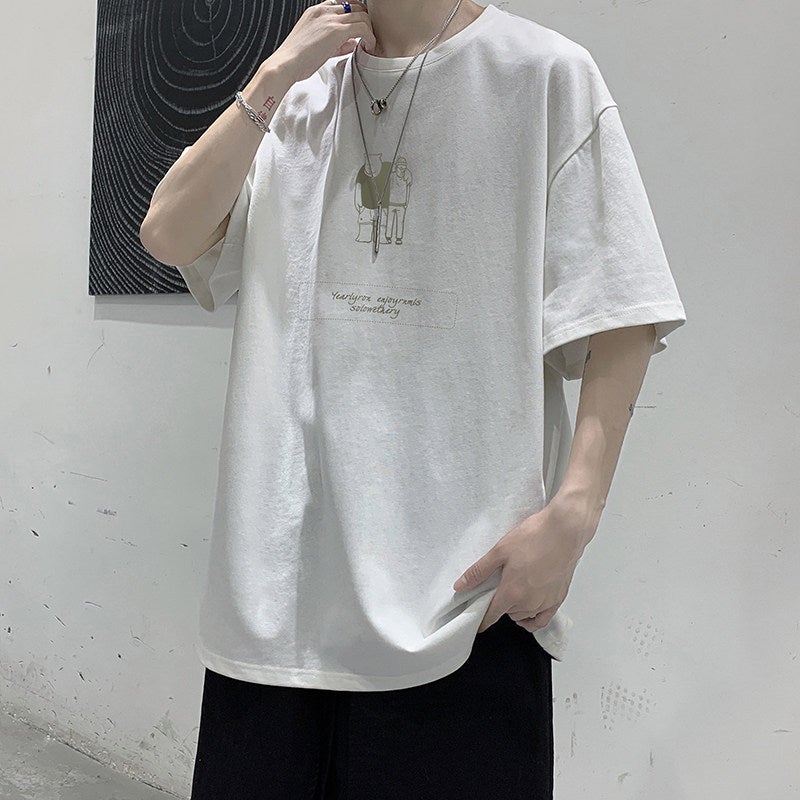 Men's Short-sleeved Summer T-shirt Korean Style Trendy Loose Half-sleeved Japanese T-shirt Trendy Brand Harajuku Style Casual 5-point Sleeve - Image 5