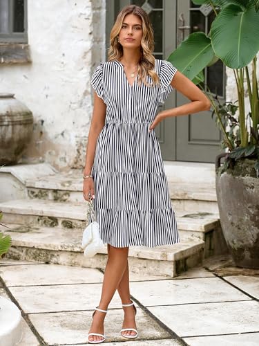 Glamaker Floral Tiered Midi Sundress Casual Summer V Neck Flutter Sleeve Striped Sun Dress with Pockets (Navy Stripe S) - Image 2