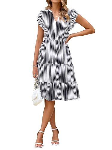 Glamaker Floral Tiered Midi Sundress Casual Summer V Neck Flutter Sleeve Striped Sun Dress with Pockets (Navy Stripe S) - Image 1