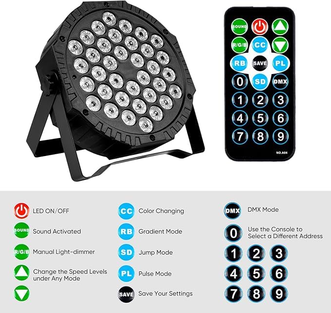 HEADLY LED Par Stage Light, 36 RGB LEDs, DJ Party Lighting with Easy Setup Mount, Black - Image 3