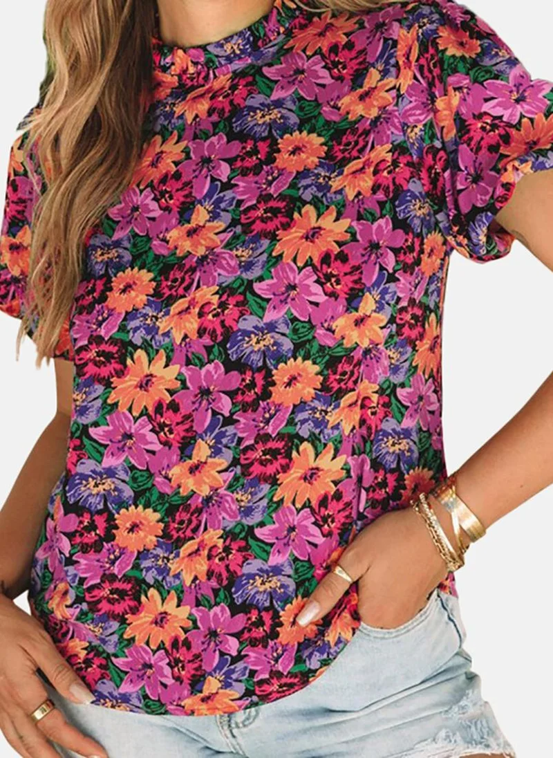 YUNIQEE Black Floral Short Sleeve Round Neck Tunics