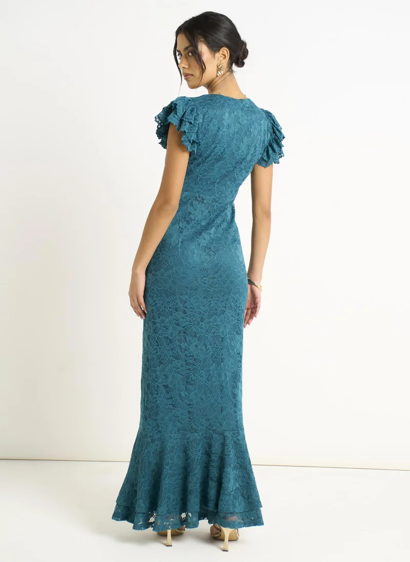 Gini London  Teal Jersey Lace V Neck Ruffle Maxi Dress for Women | Best Price UAE