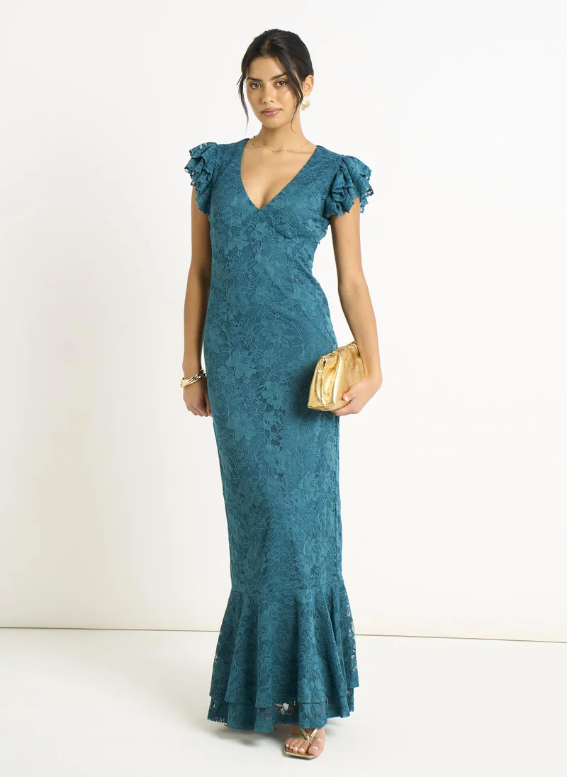 Gini London Teal Jersey Lace V Neck Ruffle Maxi Dress