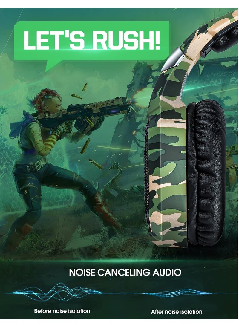 K8 Gaming Headset with Microphone, Gaming Headphones with LED Lights, Noise Reduction 7.1 Surround Sound for PS4 PS5 Xbox One PC - Camouflage Green