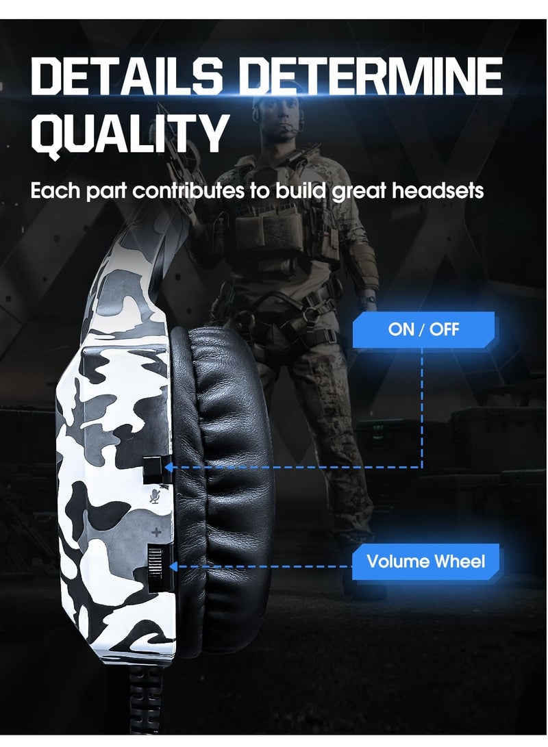 K8 Gaming Headset with Microphone, Gaming Headphones with LED Lights, Noise Reduction 7.1 Surround Sound for PS4 PS5 Xbox One PC - Camouflage Green