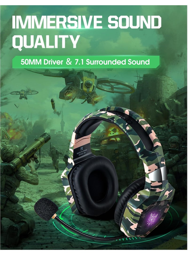 K8 Gaming Headset with Microphone, Gaming Headphones with LED Lights, Noise Reduction 7.1 Surround Sound for PS4 PS5 Xbox One PC - Camouflage Green