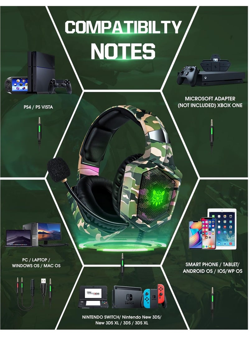 K8 Gaming Headset with Microphone, Gaming Headphones with LED Lights, Noise Reduction 7.1 Surround Sound for PS4 PS5 Xbox One PC - Camouflage Green