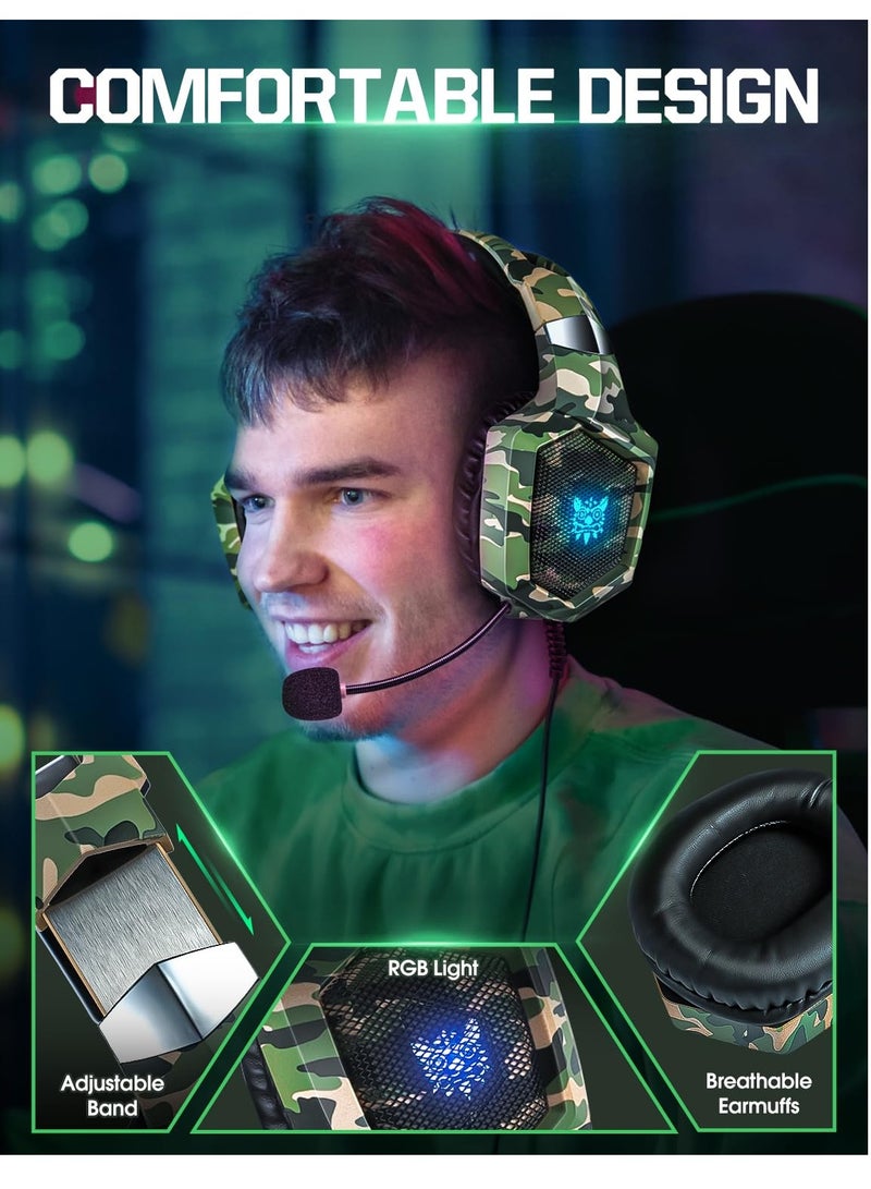 K8 Gaming Headset with Microphone, Gaming Headphones with LED Lights, Noise Reduction 7.1 Surround Sound for PS4 PS5 Xbox One PC - Camouflage Green