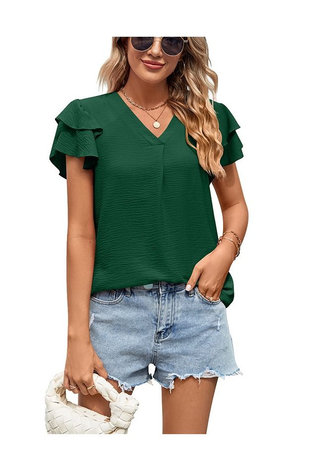 Loquat Summer New V-neck Lotus Sleeve Women's Short Sleeved Shirt 