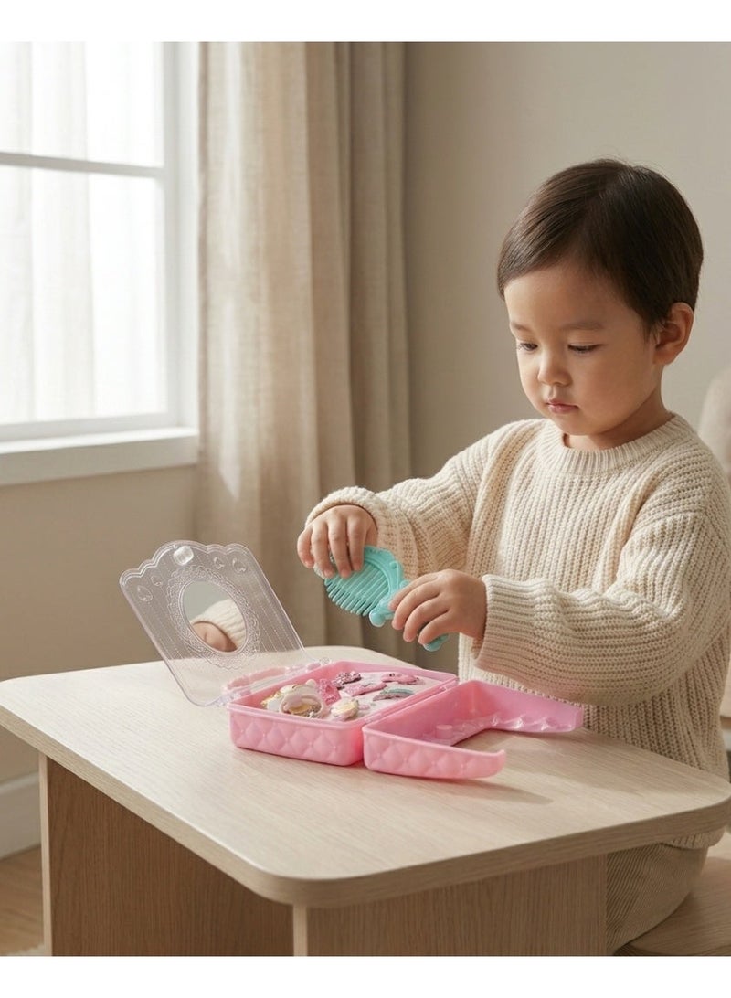 Kids Pretend Play Vanity Set & Hair Accessory Case, Portable Non-Toxic Plastic Toy for Toddlers 3+ - Blue & Pink - Image 2