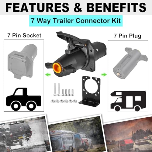 CXTM 7 Way Trailer Connector Kit 7 Pin Trailer Wiring Harness Connector Set with Mounting Bracket, Trailer Side 7 Pin Plug and Vehicle Side 7 Way Blade Trailer Socket Connector - Image 2