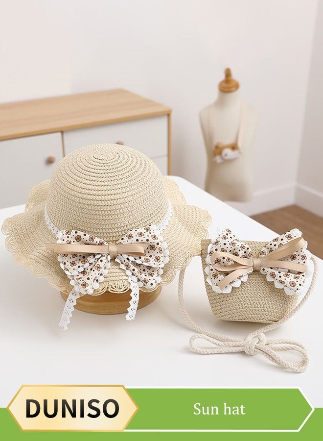 DUNISO 2 Pieces of Sun Hat With Shoulder Bag Set, wide brimmed sun hat, sun protection hat, girls' summer hat bag set, suitable for beach, party, travel, suitable for girls and children - Image 1