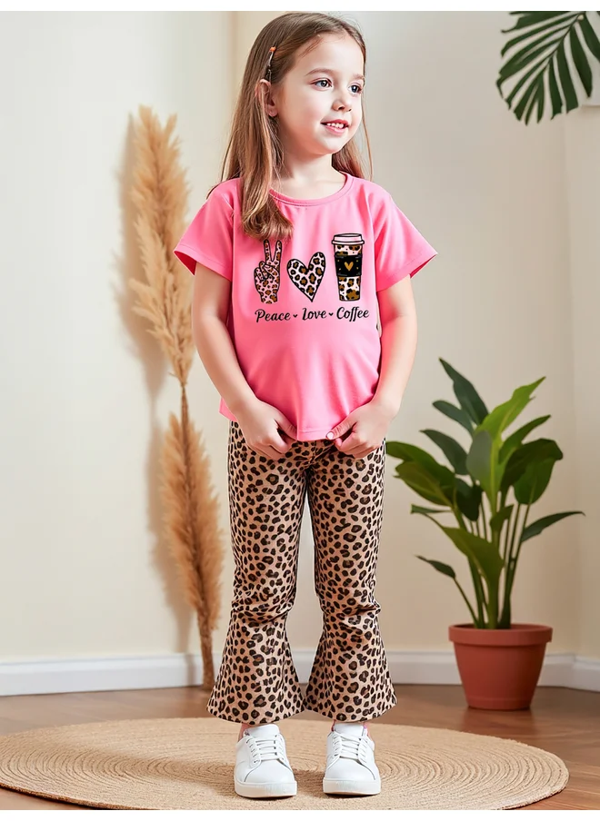 تايك تو Take Two Kids 2pcs Graphic Print Short Sleeve T-Shirt and Leopard Print Flare