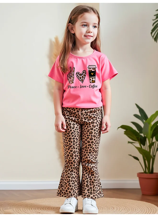 تايك تو Take Two Kids 2pcs Graphic Print Short Sleeve T-Shirt and Leopard Print Flare