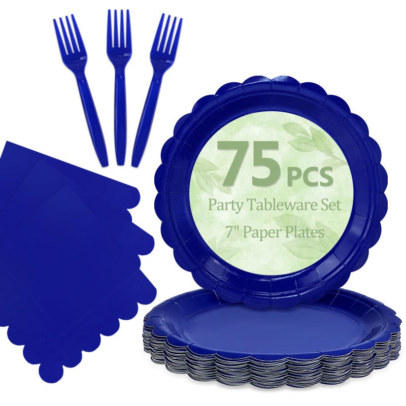 Mulbozy 75 Royal Blue Plates and Napkins Disposable Set Includes Dessert Cake Scalloped Plates, Cocktail Napkins, Forks for for Holiday Party Supplies - Image 1