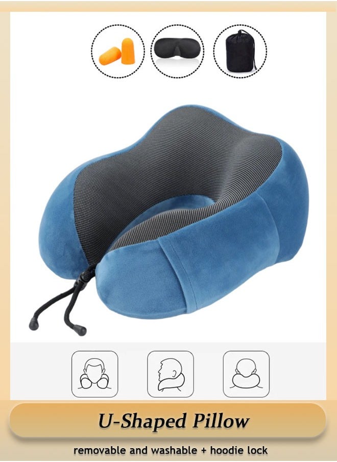 Generic - U Shaped Pillow Removable Washable Memory Foam Multi Functional with Hoodie Lock Closure Hidden Zipper Travel Comfort Support Unique Design Ideal for Airplane Car Office Home Sleep（Blue） - Image 1