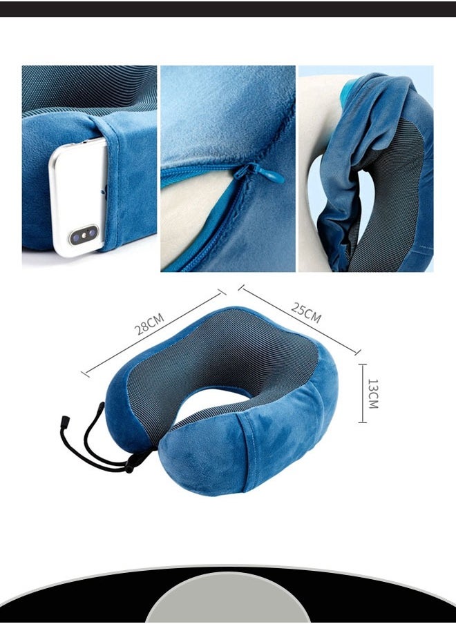 Generic - U Shaped Pillow Removable Washable Memory Foam Multi Functional with Hoodie Lock Closure Hidden Zipper Travel Comfort Support Unique Design Ideal for Airplane Car Office Home Sleep（Blue） - Image 1