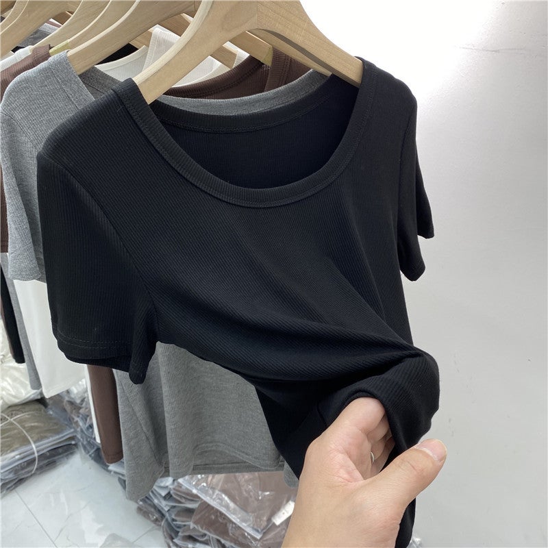 Women'S Ribbed T-Shirt With Regular Shoulders, Summer Style, Slim Fit, Versatile, Slimming, Plus Size, U-Neck, High Elasticity, Short-Sleeved Base Shirt - Image 1