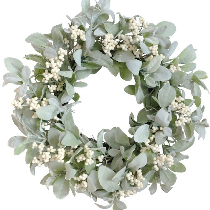 18 INCH LAMBS EAR WREATH SPRING AND EVERYDAY LAMBS LEAVES WHITE BERRIES WREATH FOR FRONT DOOR EVERYDAY GRAPEVINE GREENERY WREATH FOR INDOOR AND OUTDOOR SPRING BERRIES LEAVES WREATH