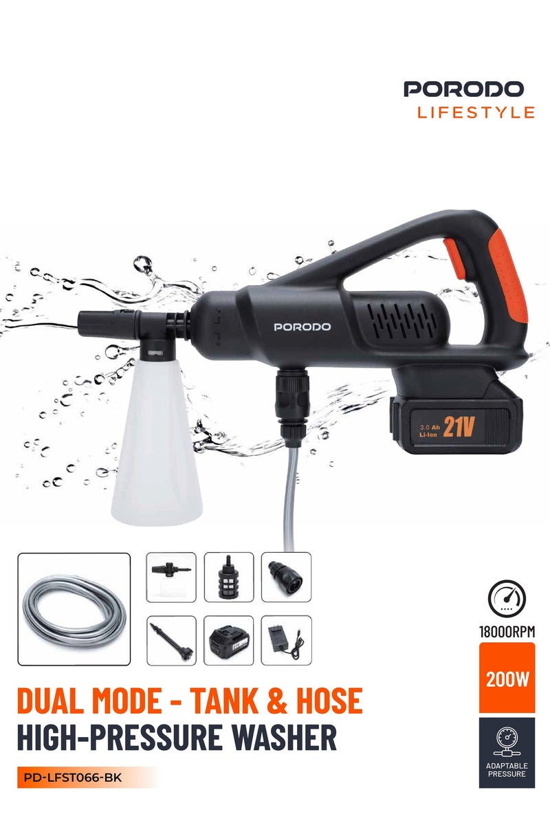 porodo Cordless High-Pressure Washer with Brushless Motor, Dual Mode High-pressure Washer with 200W Power, 18000rpm Motor Speed, Adaptable Pressure, Multi-Function Spray Tip, 3000mAh Battery Capacity, up to 1.8MPa Water Pressure - Image 1
