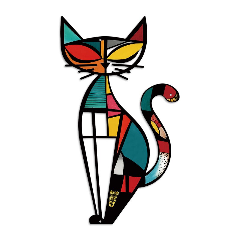 Putuo Decor Cat Metal Wall Decor, Iron Wall Hanging for Cat Lovers, Colorful Mid-Century Geometric Retro Wall Sculpture for Living Room Bedroom Kitchen Office, 13.77 x 9.84 in - Image 1