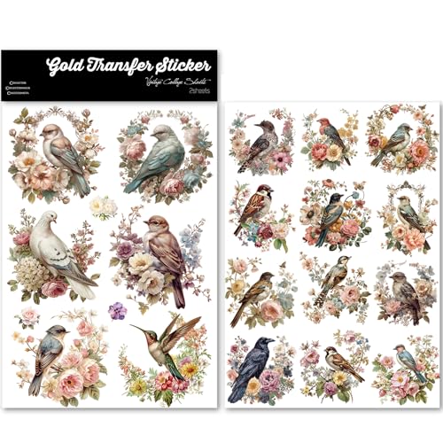 CATaireen Vintage Rub On Transfers for Crafts DIY Glass Stickers 2 Sheets Furniture Decals Alphabet Number Watercolor Floral Sentence Elements Flowers and Birds - Image 1