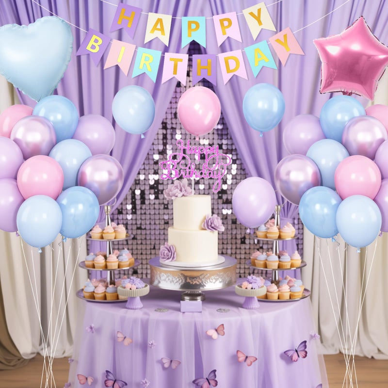 Vibzox Pink Purple Blue Birthday Decorations,Pastel Balloon Decor Happy Birthday Banner Cake Topper Star Heart Foil Balloon for Girl Baby Shower Gender Reveal Party - Image 3