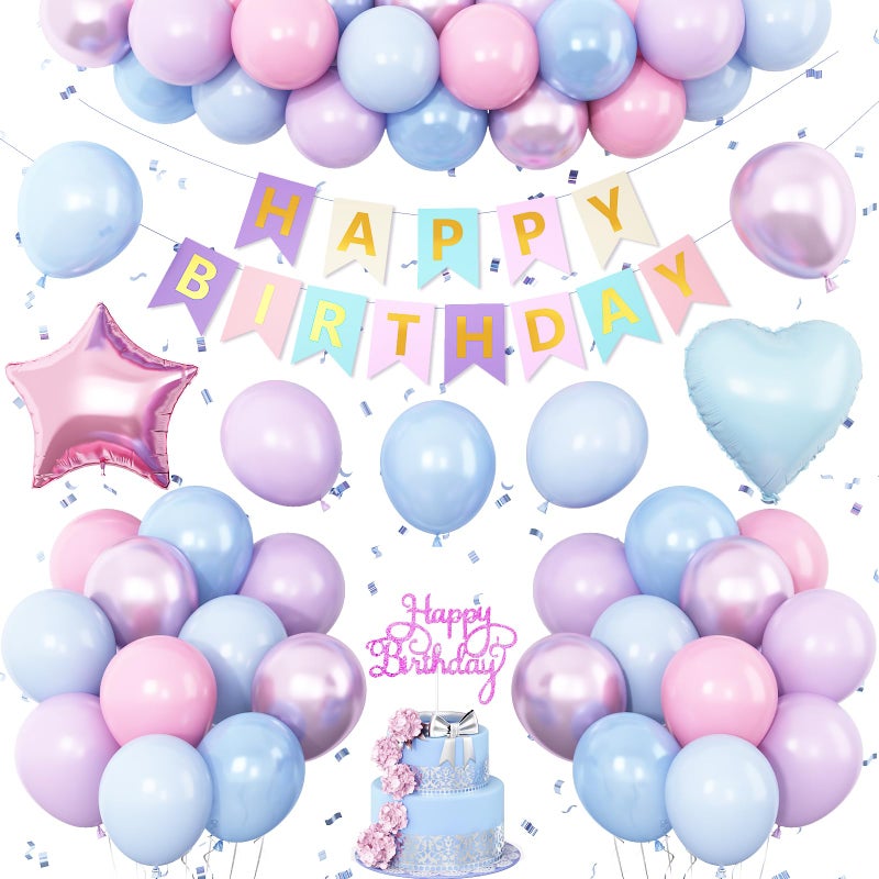 Vibzox Pink Purple Blue Birthday Decorations,Pastel Balloon Decor Happy Birthday Banner Cake Topper Star Heart Foil Balloon for Girl Baby Shower Gender Reveal Party - Image 1